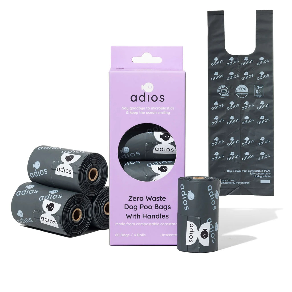 Adios compostable poo bags grey with handle (Box of 60 bags)