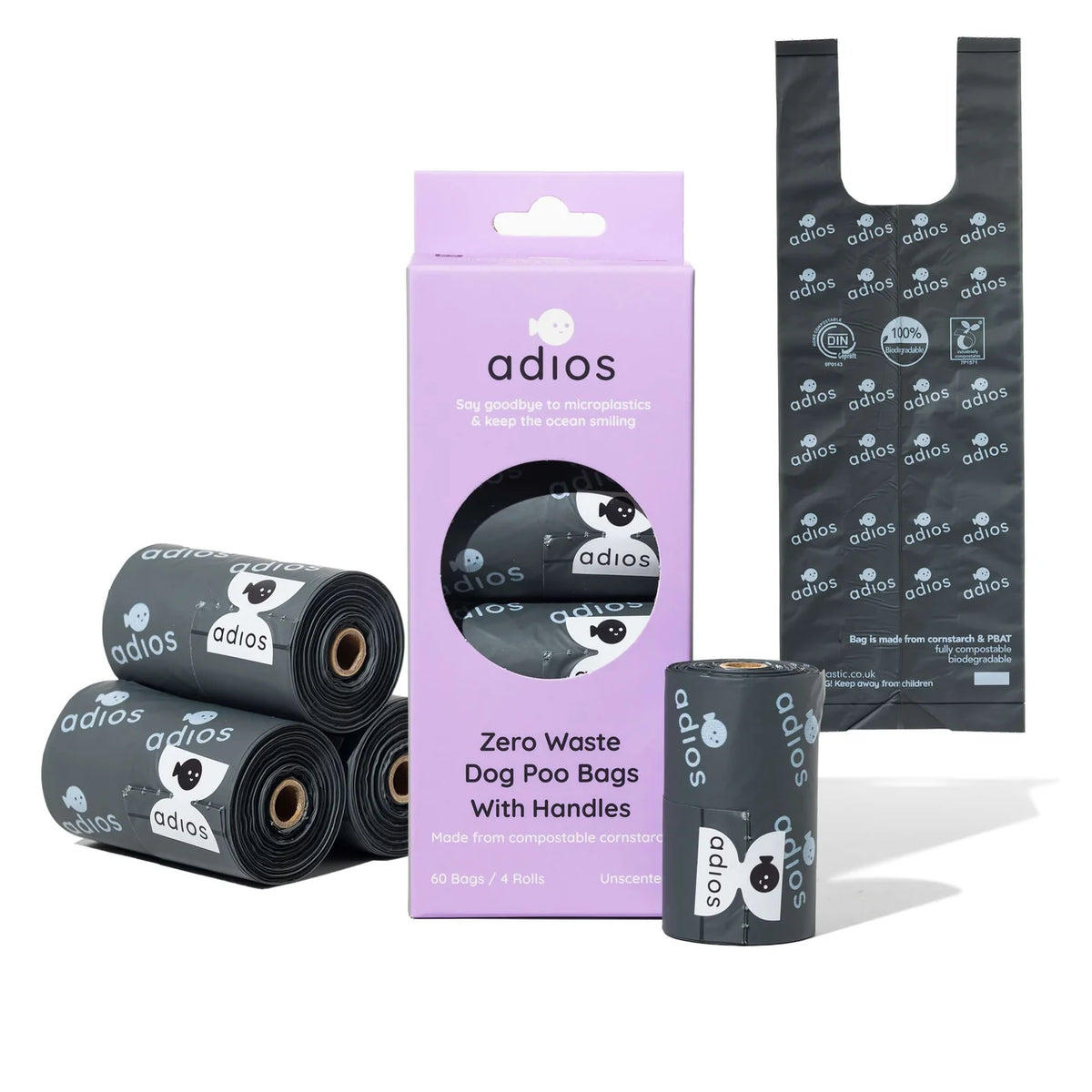 Adios compostable poo bags grey with handle (Box of 60 bags)