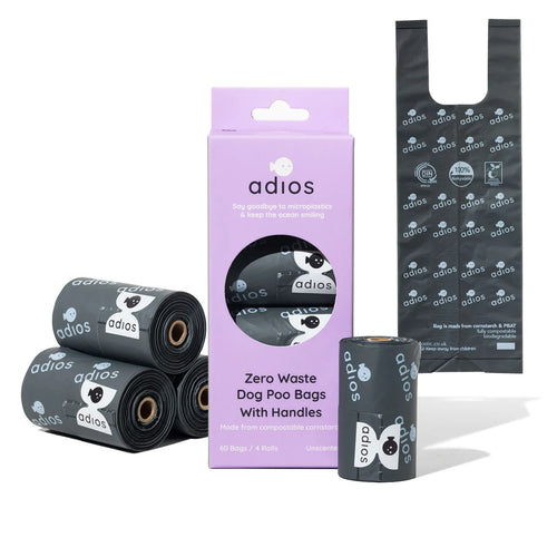 Adios compostable poo bags grey with handle (Box of 60 bags)